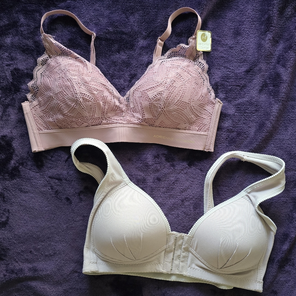 Adrienne Vittadini Pink Lace and Cream Ribbed Bra | Set of 2
